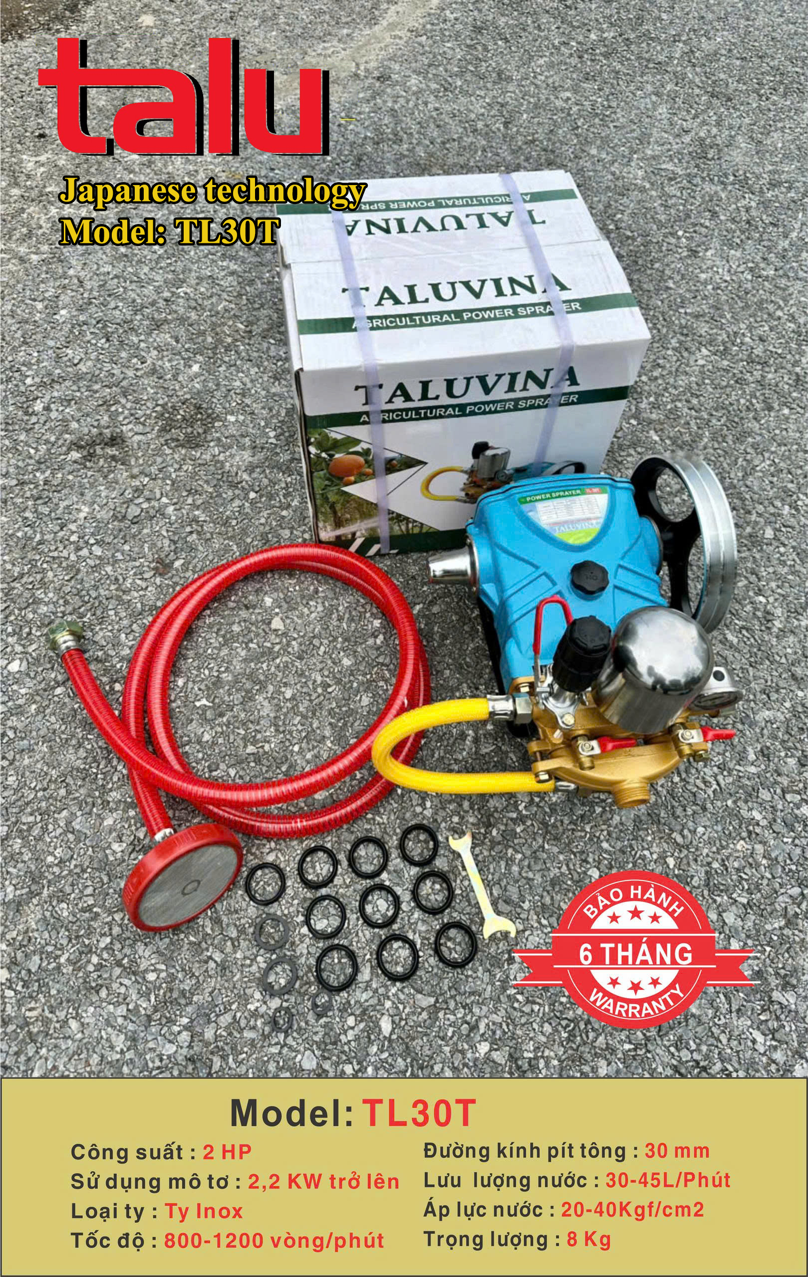 Đầu xịt cao áp TALUVINA TL30T 2HP xilanh 30mm ty inox - Góc nhìn 3