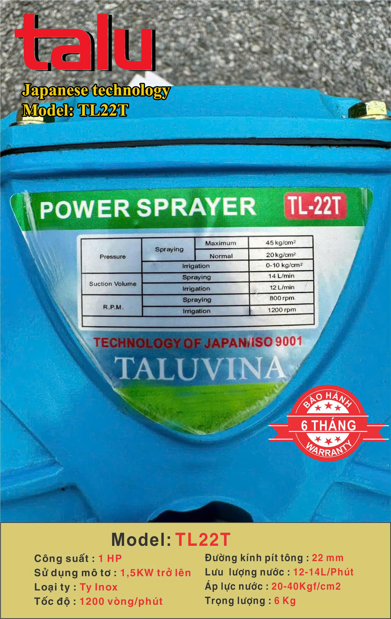 Đầu xịt cao áp TALUVINA TL22T 1HP xilanh 22mm ty inox - Góc nhìn 7
