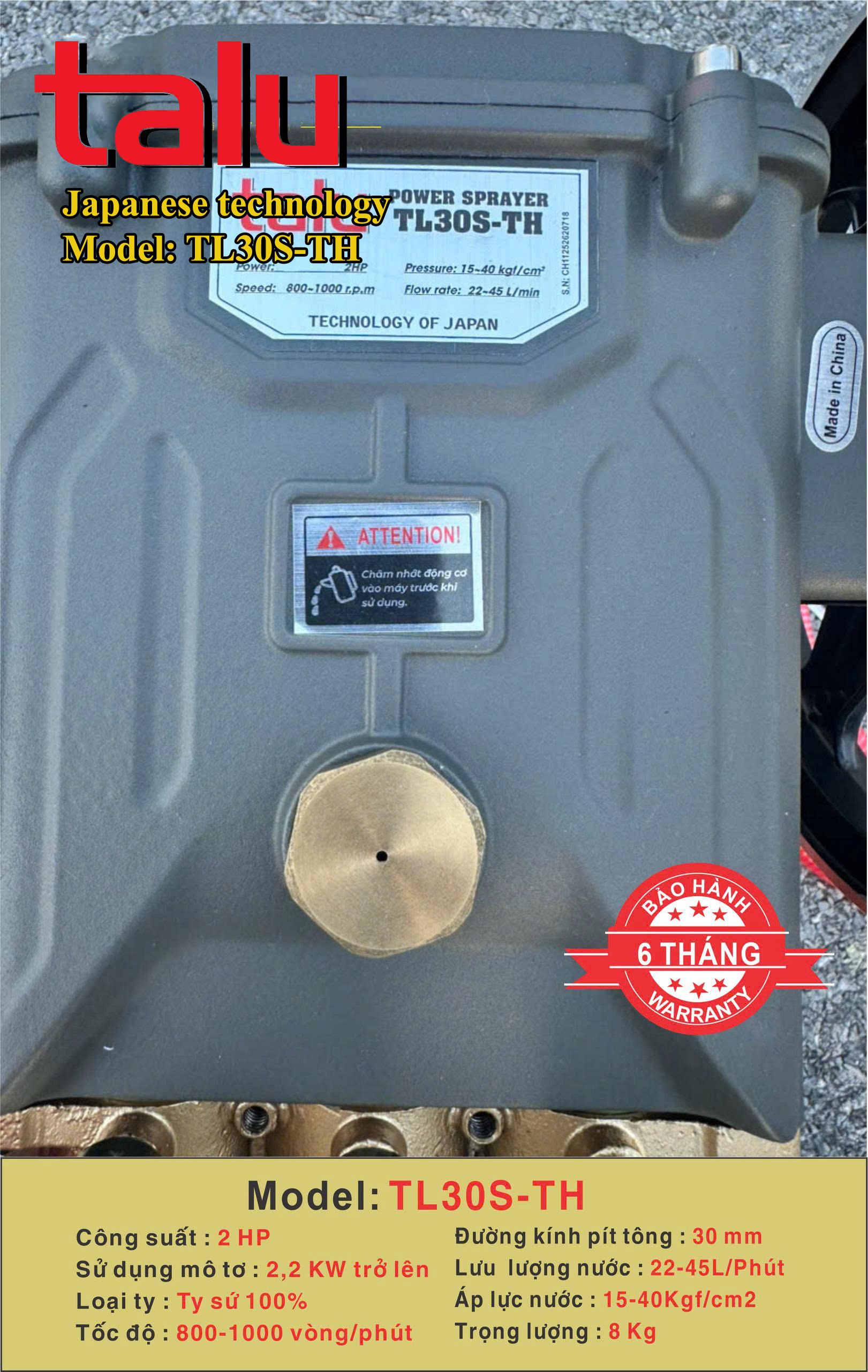 Đầu xịt cao áp TALU TL30S-TH xilanh 30mm 2HP ty sứ - Góc nhìn 3