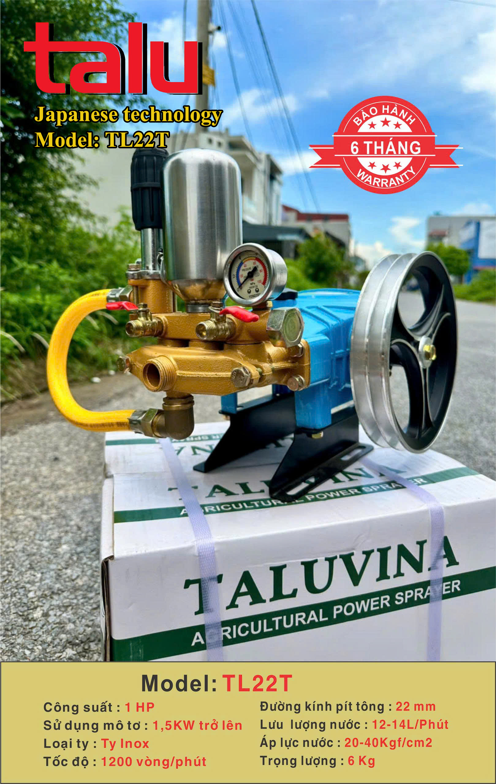 Đầu xịt cao áp TALUVINA TL22T 1HP xilanh 22mm ty inox - Góc nhìn 3