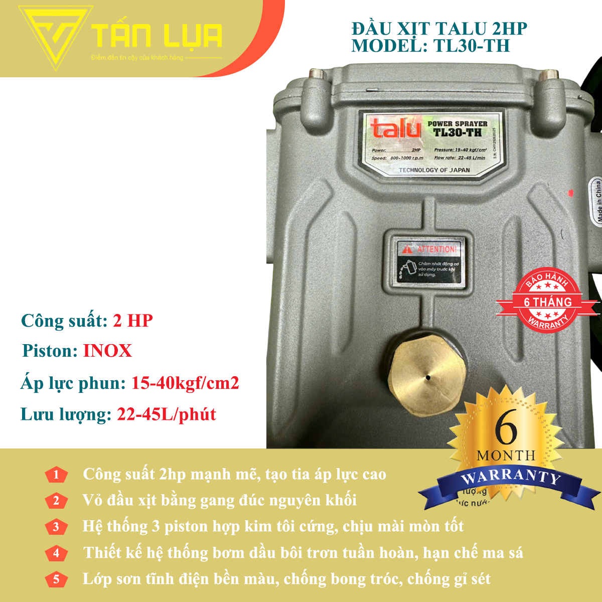 Đầu xịt cao áp TALU TL30-TH 2HP xilanh 30mm ty inox chính hãng tại TẤN LỤA