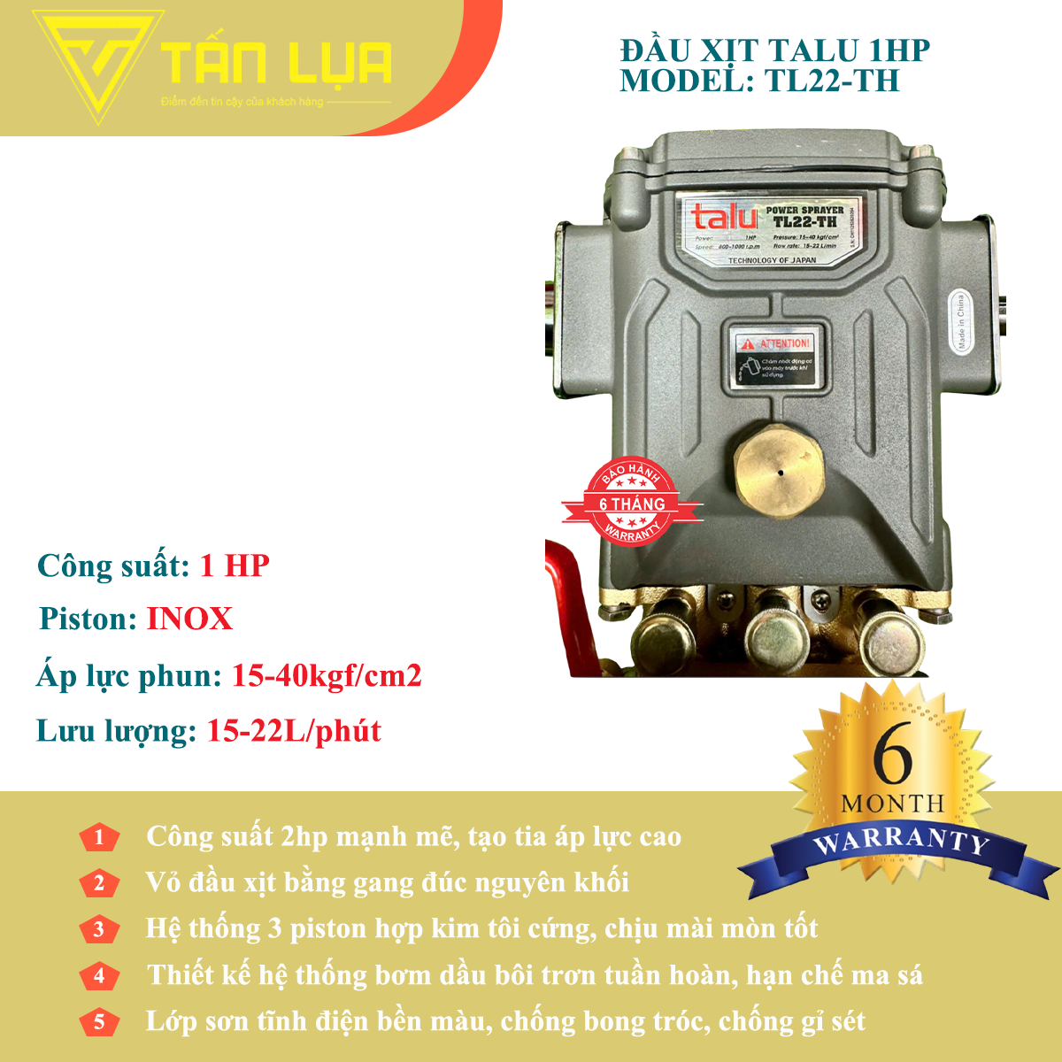 Đầu xịt cao áp TALU TL22-TH 1HP xilanh 22mm ty inox chính hãng tại TẤN LỤA