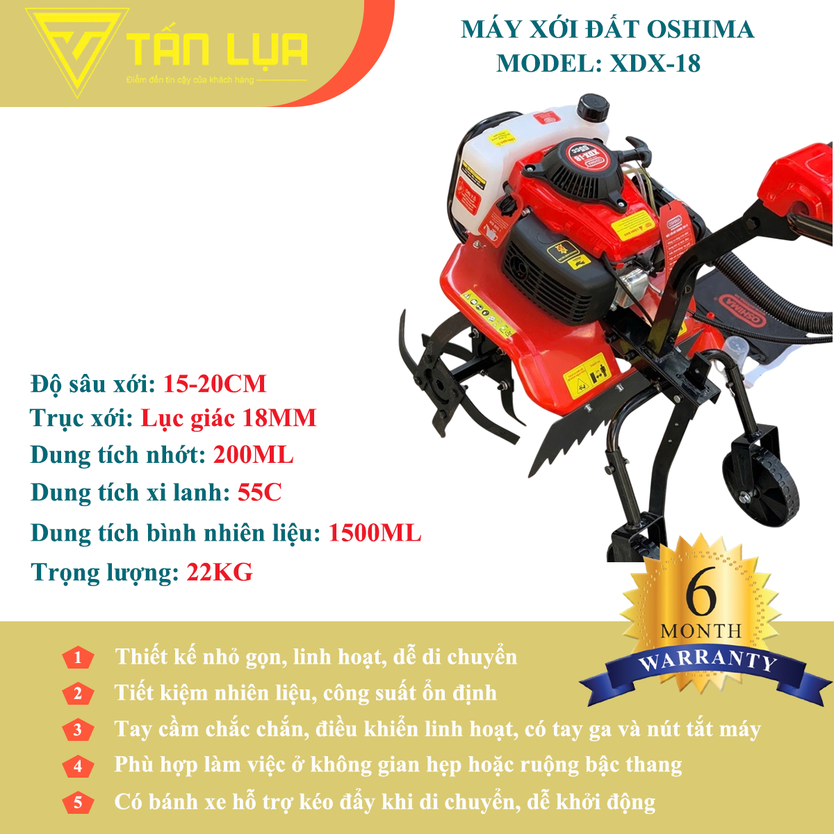 MÁY XỚI ĐẤT OSHIMA XDX-18 – GIẢI PHÁP LÀM ĐẤT NHỎ GỌN, HIỆU QUẢ CAO chính hãng tại TẤN LỤA