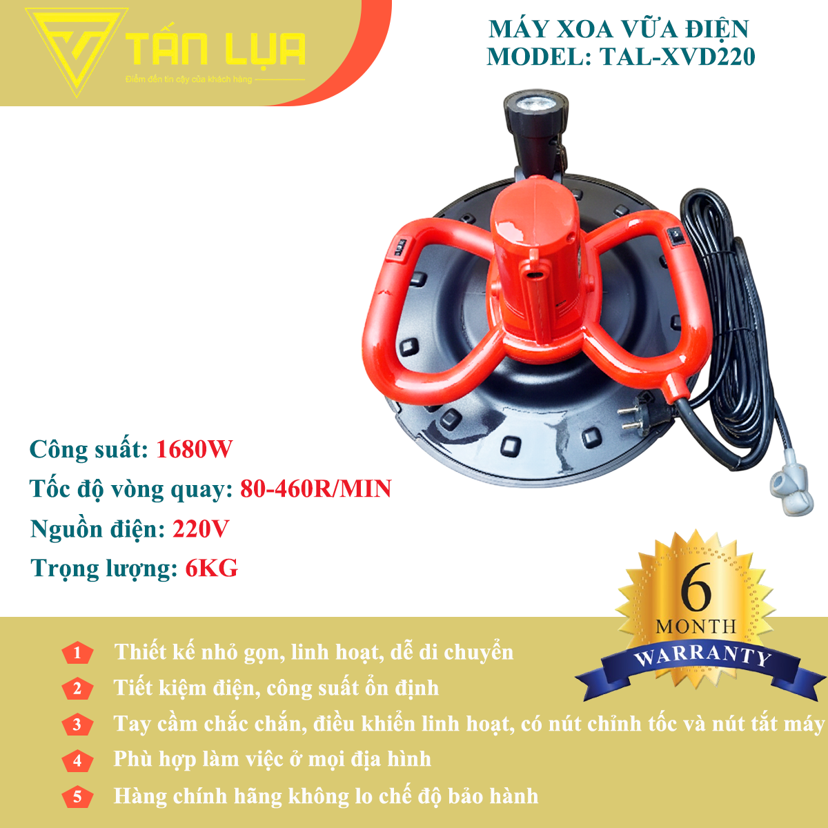 MÁY XOA VỮA ĐIỆN TAL-XVD220 – 1680W, NHẸ 6KG, LINH HOẠT MỌI CÔNG TRÌNH chính hãng tại TẤN LỤA