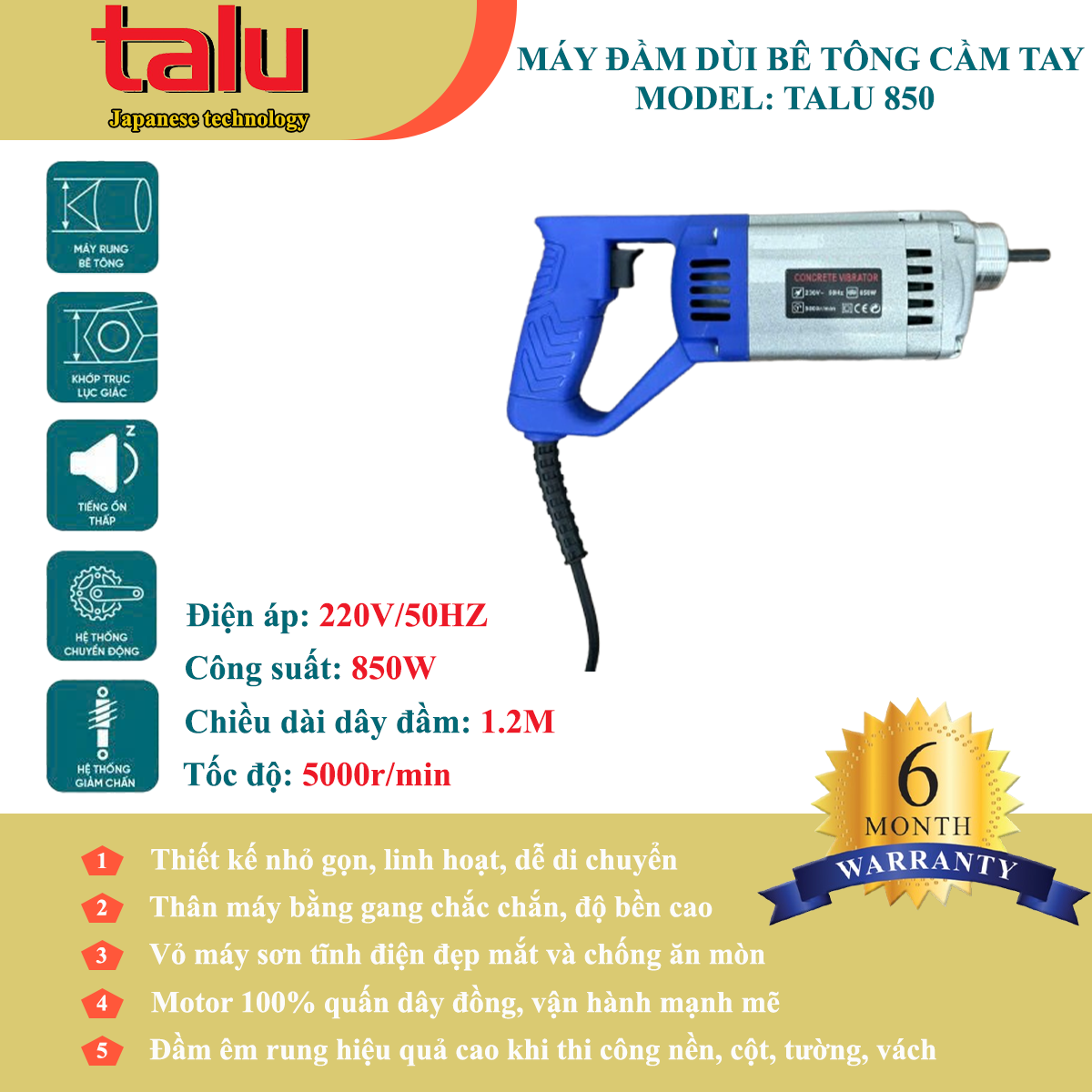 Máy đầm dùi điện Talu 850W không dây đầm chính hãng tại TẤN LỤA