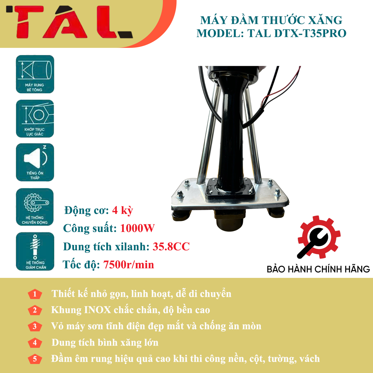 Máy đầm thước xăng 4 thì TAL  DTX-T35PRO không thước - Góc nhìn 3
