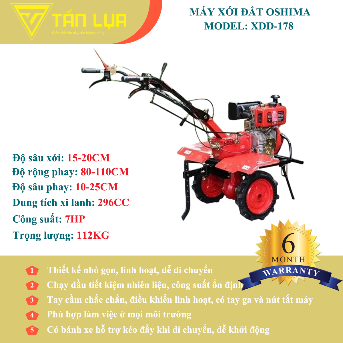 Máy Xới Đất Chạy Dầu 7HP Oshima XDD178 Chính Hãng | Giá Tốt Tại Điện Máy Tấn Lụa chính hãng tại TẤN LỤA
