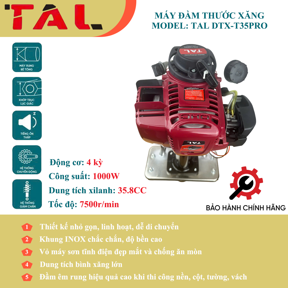 Máy đầm thước xăng 4 thì TAL  DTX-T35PRO không thước - Góc nhìn 2