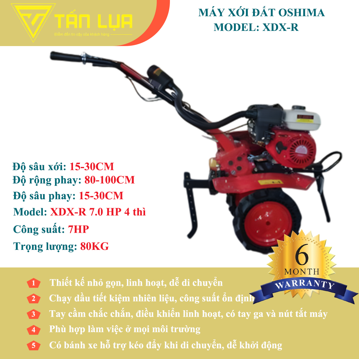 Máy Xới Đất Oshima XDX-R 7.0HP Đỏ 4 Thì Chính Hãng – Mạnh Mẽ, Đa Năng, Giá Tốt chính hãng tại TẤN LỤA