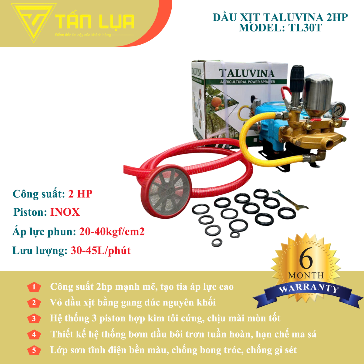 Đầu xịt cao áp TALUVINA TL30T 2HP xilanh 30mm ty inox chính hãng tại TẤN LỤA