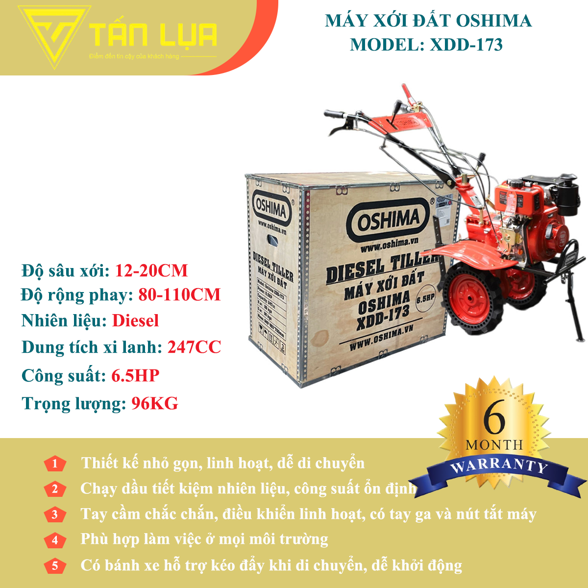 Máy Xới Đất Chạy Dầu 6.5HP Oshima XDD-173 Chính Hãng | Giá Tốt Tại Điện Máy Tấn Lụa chính hãng tại TẤN LỤA