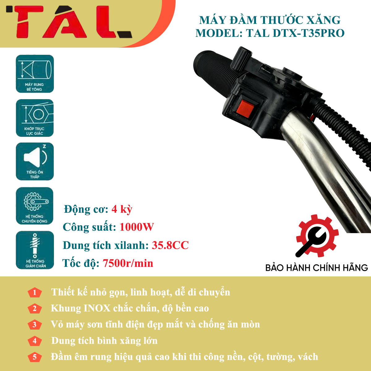 Máy đầm thước xăng 4 thì TAL  DTX-T35PRO không thước - Góc nhìn 5