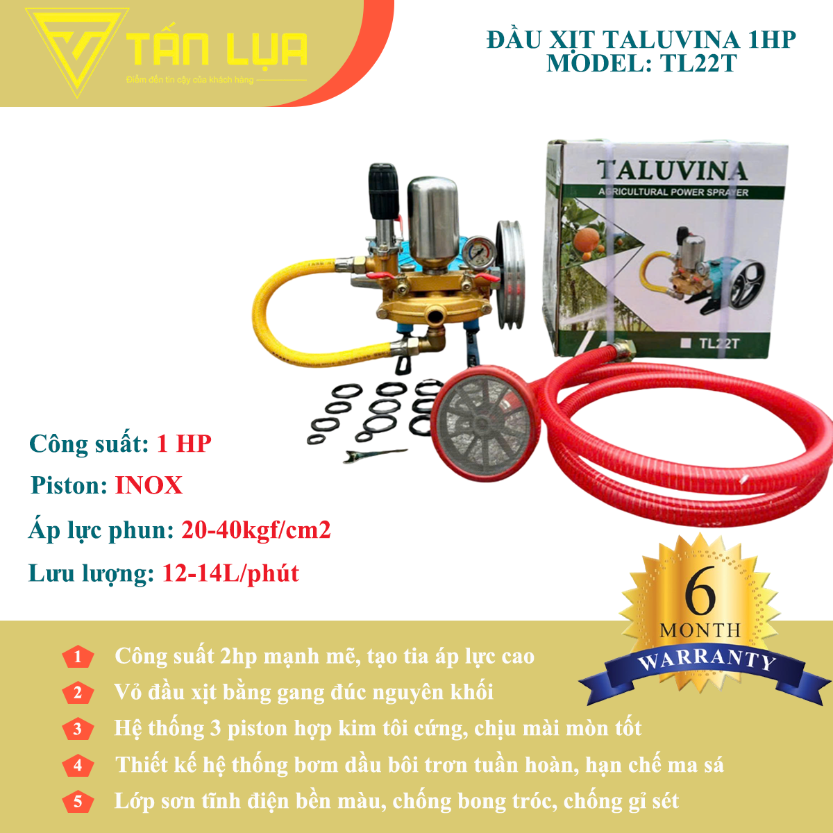 Đầu xịt cao áp TALUVINA TL22T 1HP xilanh 22mm ty inox chính hãng tại TẤN LỤA