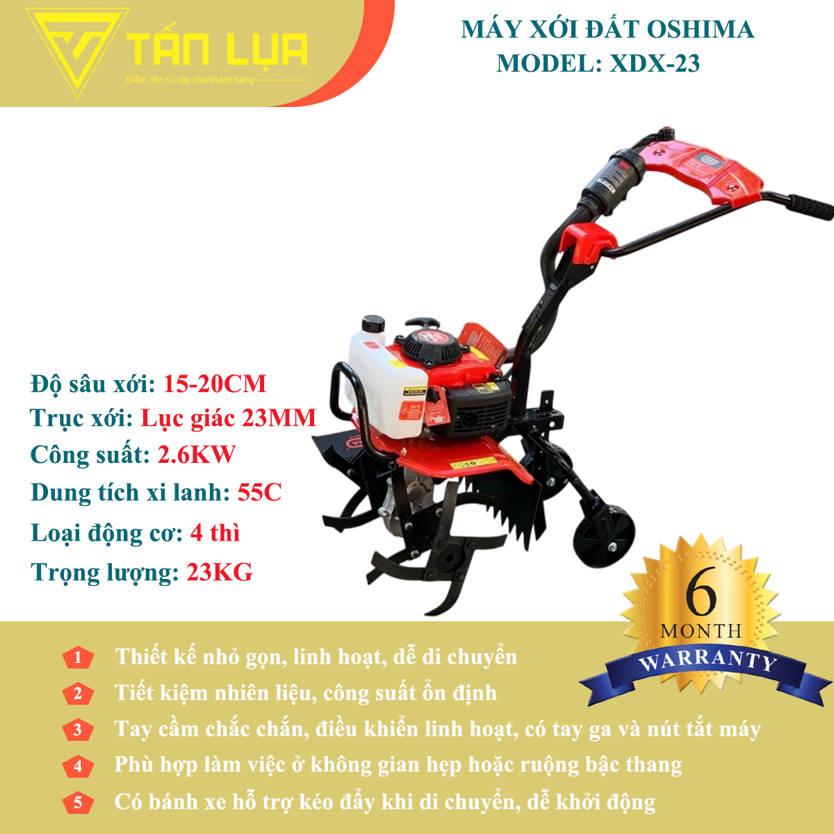 MÁY XỚI ĐẤT OSHIMA XDX-23 – 55CC, ĐỘNG CƠ 4 THÌ, XỚI KHỎE – TIẾT KIỆM NHIÊN LIỆU chính hãng tại TẤN LỤA