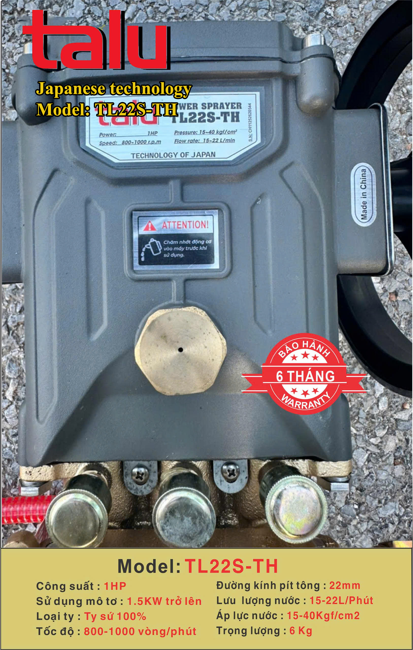 Đầu xịt cao áp TL22S-TH 1HP xilanh 22mm ty sứ - Góc nhìn 3