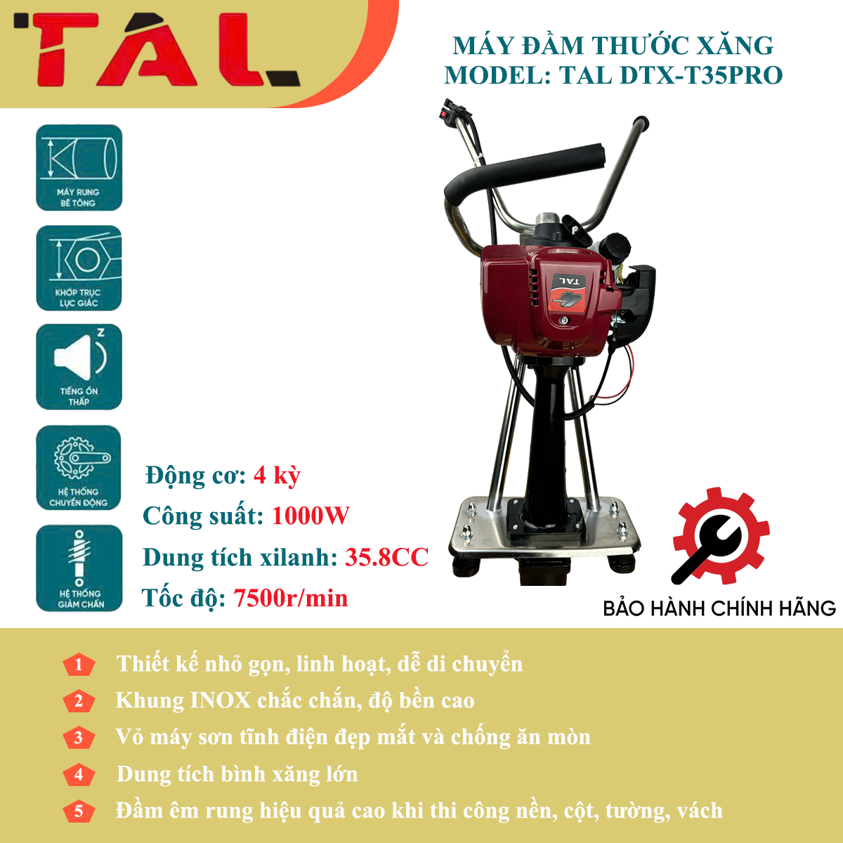 Máy đầm thước xăng 4 thì TAL DTX-T35PRO không thước chính hãng tại TẤN LỤA