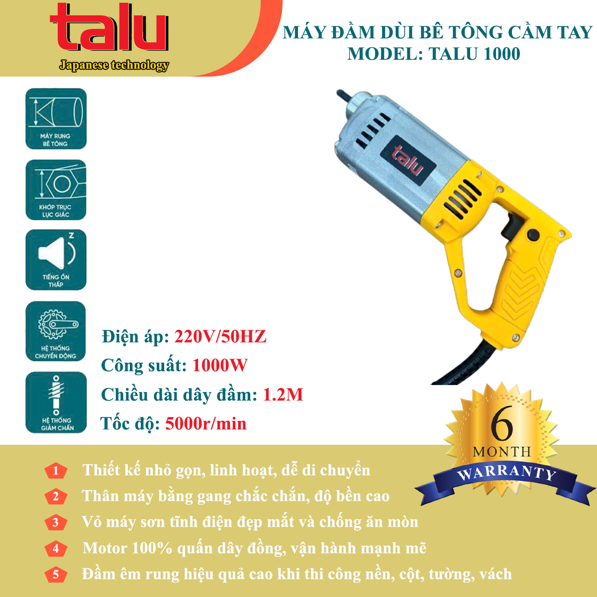 Máy đầm dùi điện Talu 1000W không dây đầm chính hãng tại TẤN LỤA